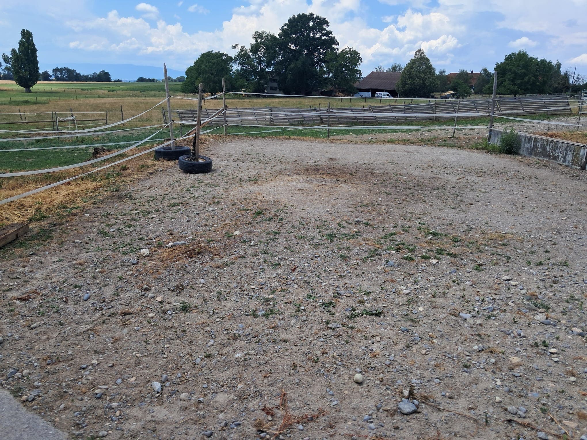 Befestigter Paddock mit angrenzenden Weiden und Feldern